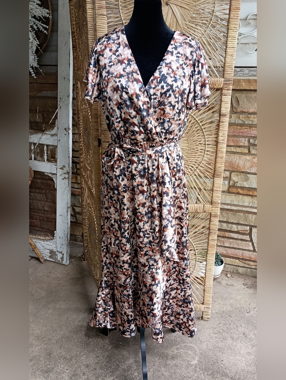 Nicole Miller Brown, Black and Cream Abstract Leopard Print Maxi Wrap Dress_Med